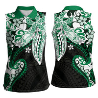 Monstera Plumeria Flowers Green Women Sleeveless Polo Shirt Polynesian Pattern