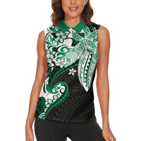 Monstera Plumeria Flowers Green Women Sleeveless Polo Shirt Polynesian Pattern