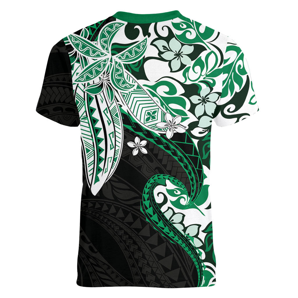 Monstera Plumeria Flowers Green Women V-Neck T-Shirt Polynesian Pattern