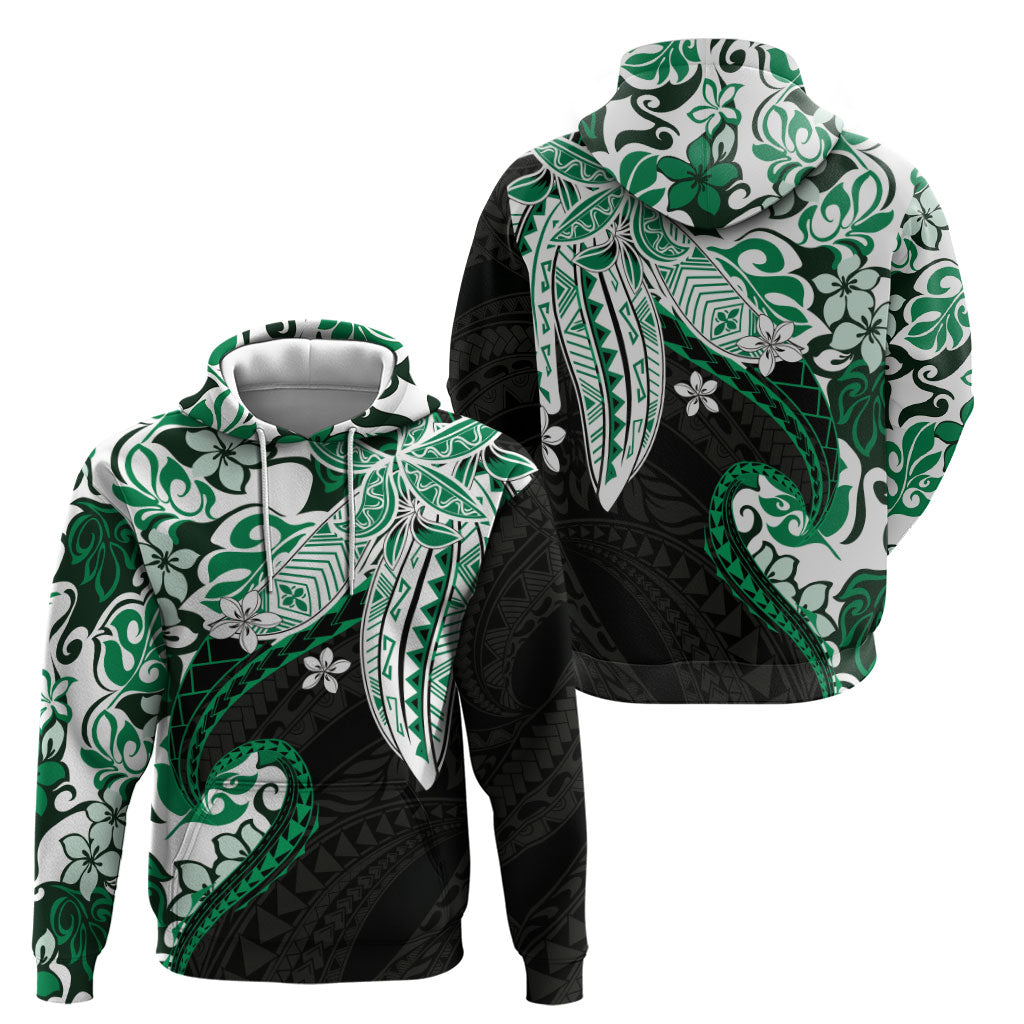 Monstera Plumeria Flowers Green Zip Hoodie Polynesian Pattern