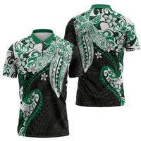 Monstera Plumeria Flowers Green Zipper Polo Shirt Polynesian Pattern