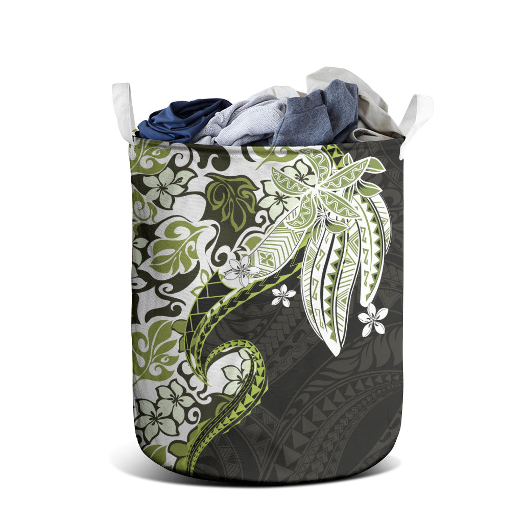 Monstera Plumeria Flowers Olive Green Laundry Basket Polynesian Pattern