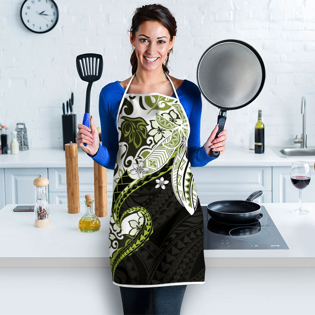 Monstera Plumeria Flowers Olive Green Apron Polynesian Pattern