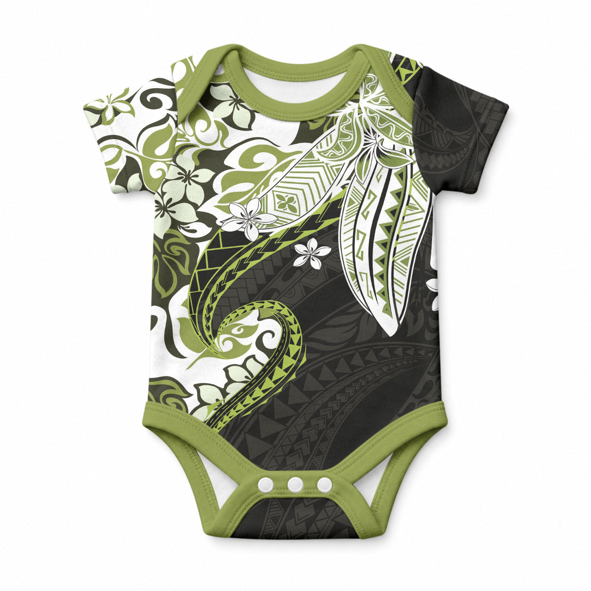 Monstera Plumeria Flowers Olive Green Baby Onesie Polynesian Pattern LT01 Green - Polynesian Pride
