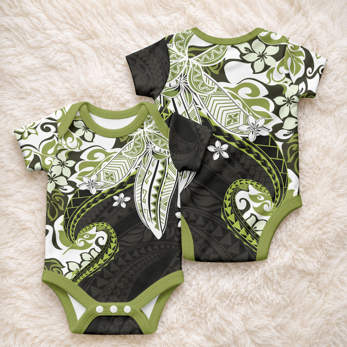 Monstera Plumeria Flowers Olive Green Baby Onesie Polynesian Pattern LT01 - Polynesian Pride