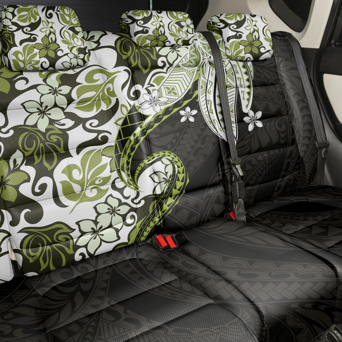 Monstera Plumeria Flowers Olive Green Back Car Seat Cover Polynesian Pattern