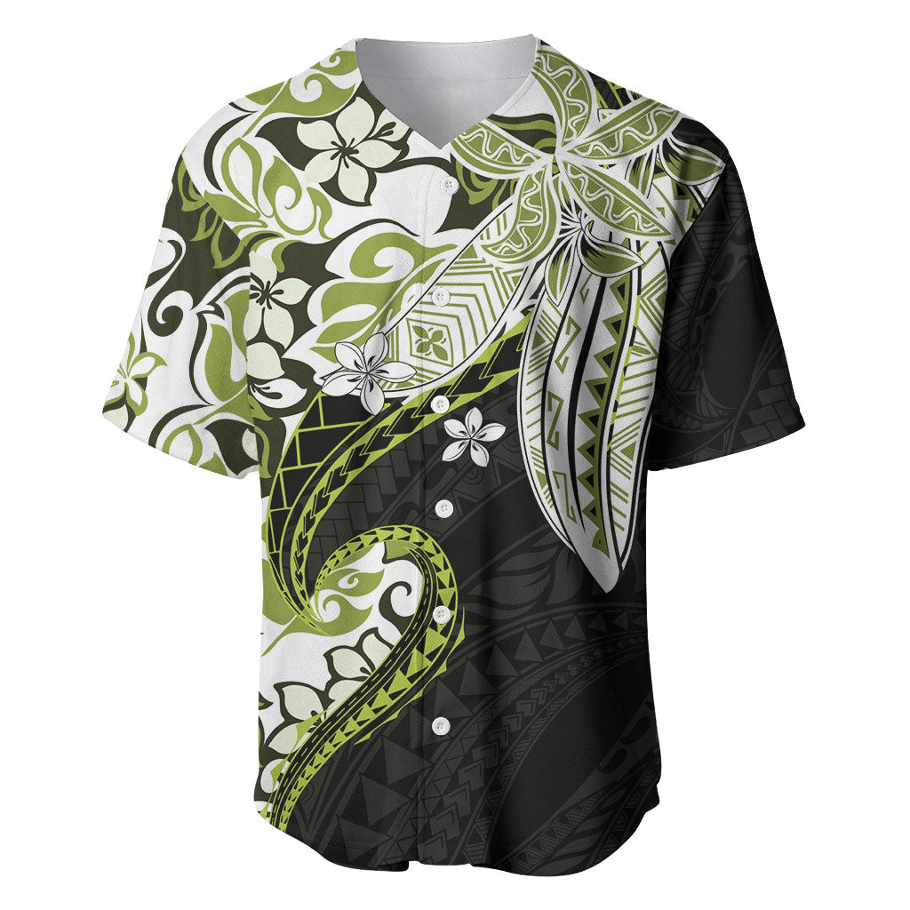 Monstera Plumeria Flowers Olive Green Baseball Jersey Polynesian Pattern