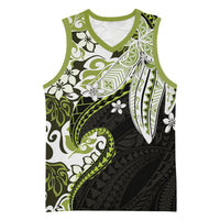 Monstera Plumeria Flowers Olive Green Basketball Jersey Polynesian Pattern