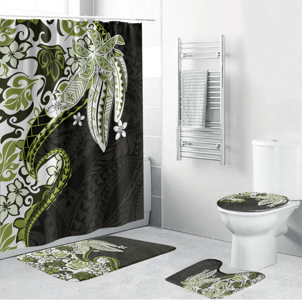 Monstera Plumeria Flowers Olive Green Bathroom Set Polynesian Pattern