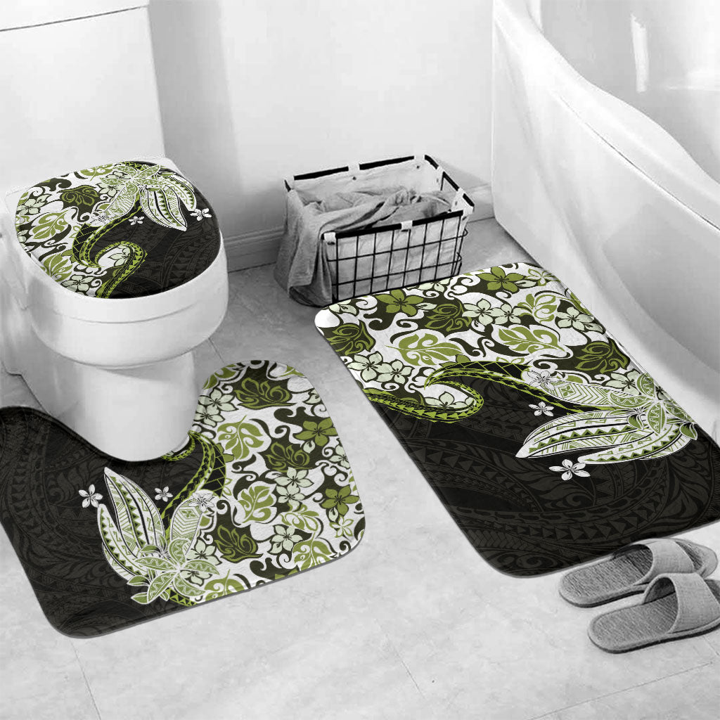 Monstera Plumeria Flowers Olive Green Bathroom Set Polynesian Pattern