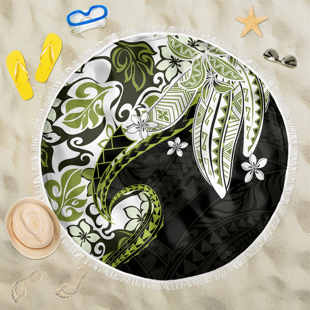 Monstera Plumeria Flowers Olive Green Beach Blanket Polynesian Pattern