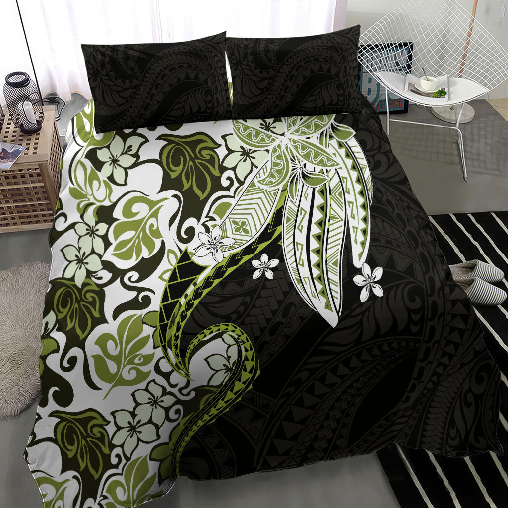 Monstera Plumeria Flowers Olive Green Bedding Set Polynesian Pattern