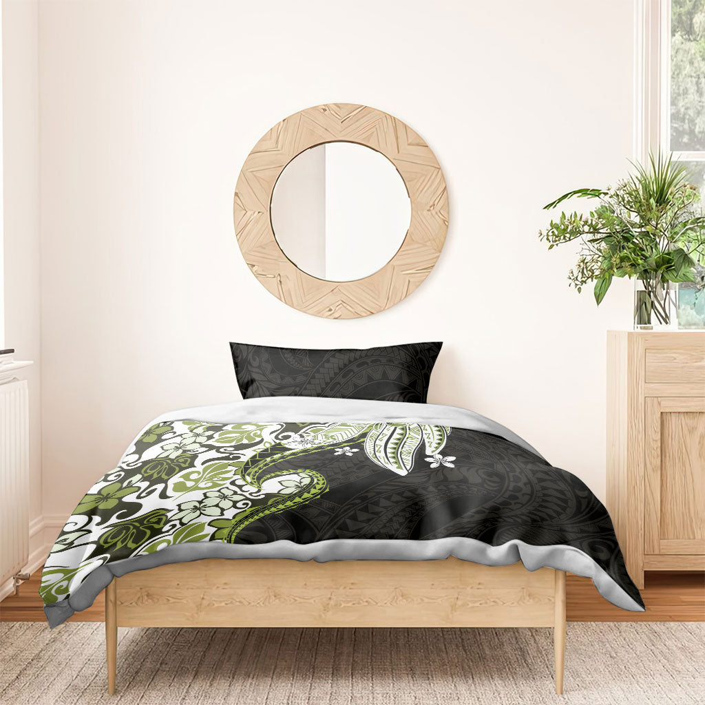 Monstera Plumeria Flowers Olive Green Bedding Set Polynesian Pattern