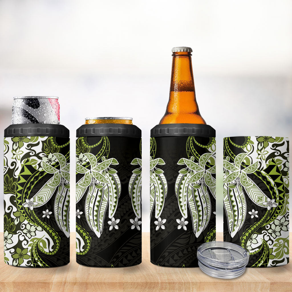 Monstera Plumeria Flowers Olive Green 4 in 1 Can Cooler Tumbler Polynesian Pattern