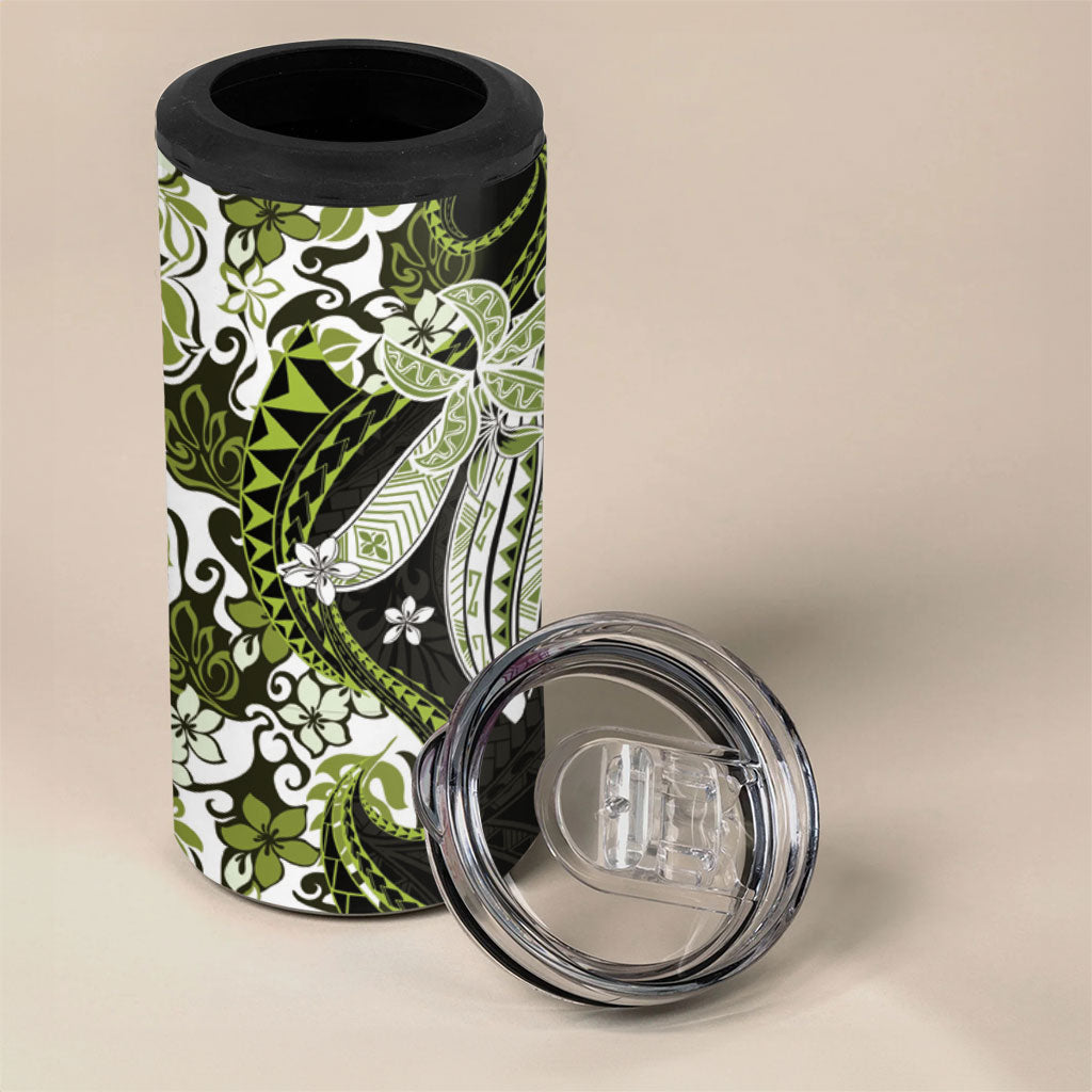 Monstera Plumeria Flowers Olive Green 4 in 1 Can Cooler Tumbler Polynesian Pattern