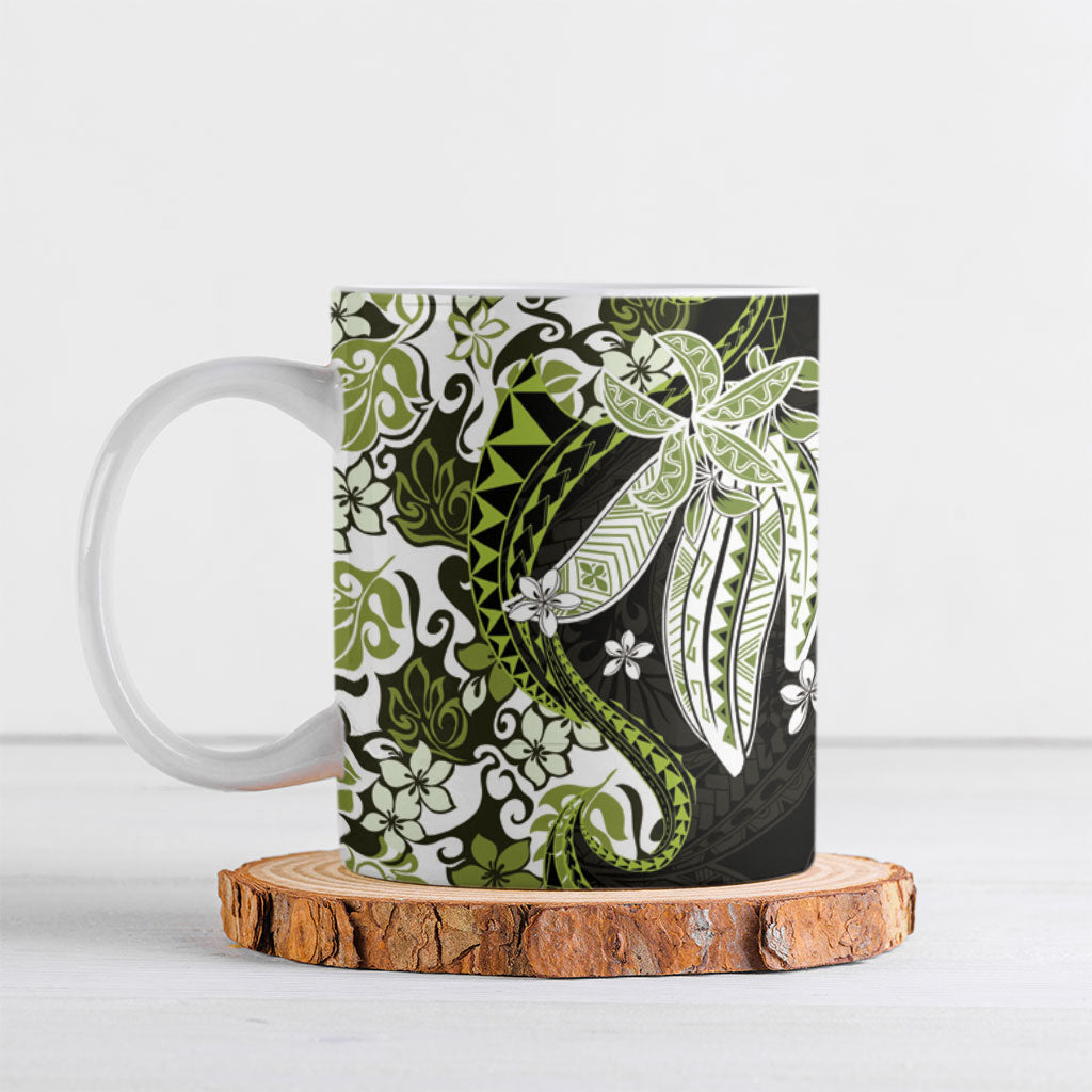 Monstera Plumeria Flowers Olive Green Ceramic Mug Polynesian Pattern