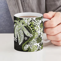 Monstera Plumeria Flowers Olive Green Ceramic Mug Polynesian Pattern
