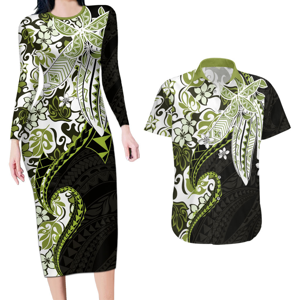 Monstera Plumeria Flowers Olive Green Couples Matching Long Sleeve Bodycon Dress and Hawaiian Shirt Polynesian Pattern