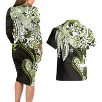 Monstera Plumeria Flowers Olive Green Couples Matching Long Sleeve Bodycon Dress and Hawaiian Shirt Polynesian Pattern