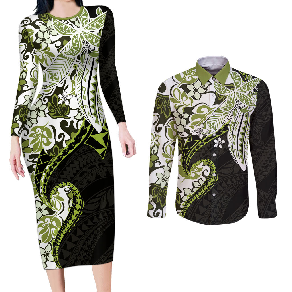 Monstera Plumeria Flowers Olive Green Couples Matching Long Sleeve Bodycon Dress and Long Sleeve Button Shirt Polynesian Pattern