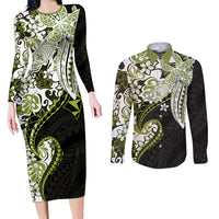Monstera Plumeria Flowers Olive Green Couples Matching Long Sleeve Bodycon Dress and Long Sleeve Button Shirt Polynesian Pattern