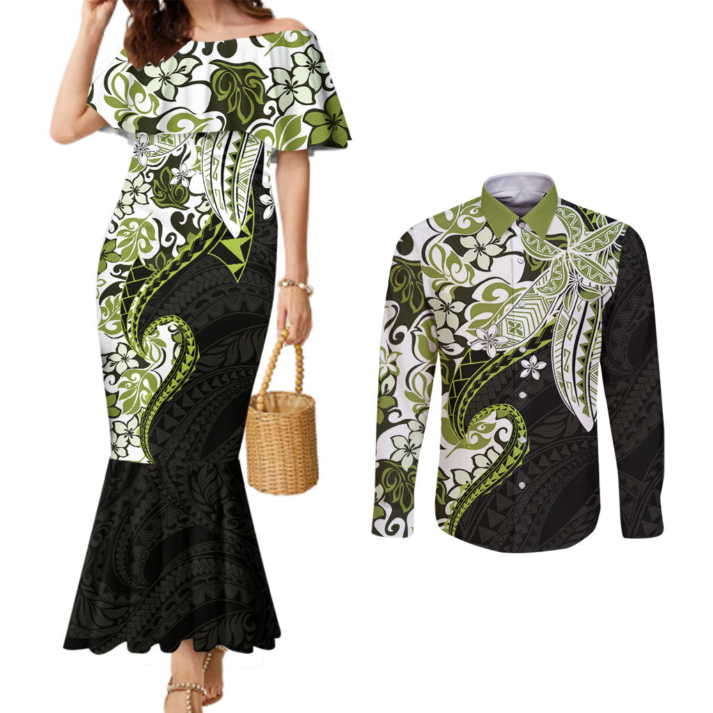 Monstera Plumeria Flowers Olive Green Couples Matching Mermaid Dress and Long Sleeve Button Shirt Polynesian Pattern