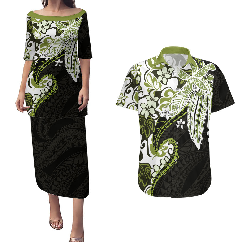 Monstera Plumeria Flowers Olive Green Couples Matching Puletasi and Hawaiian Shirt Polynesian Pattern