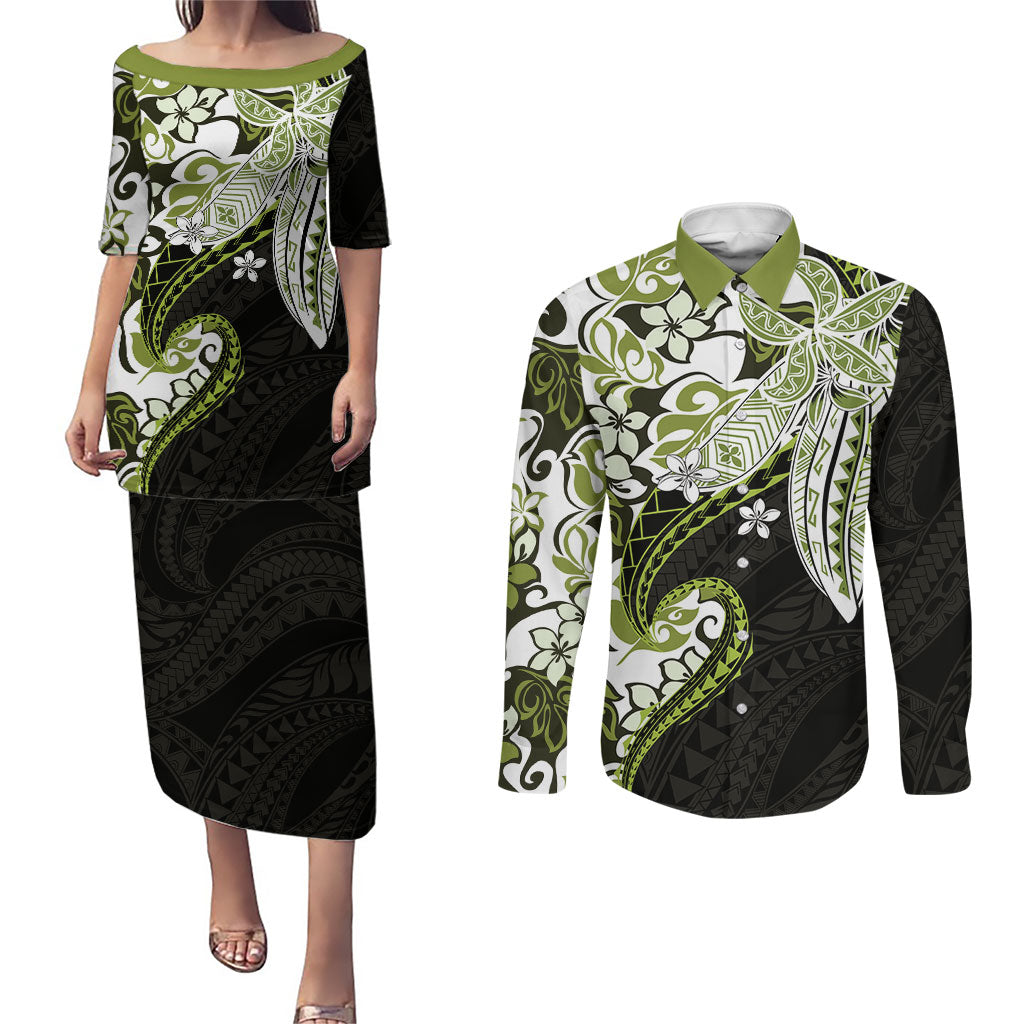 Monstera Plumeria Flowers Olive Green Couples Matching Puletasi and Long Sleeve Button Shirt Polynesian Pattern