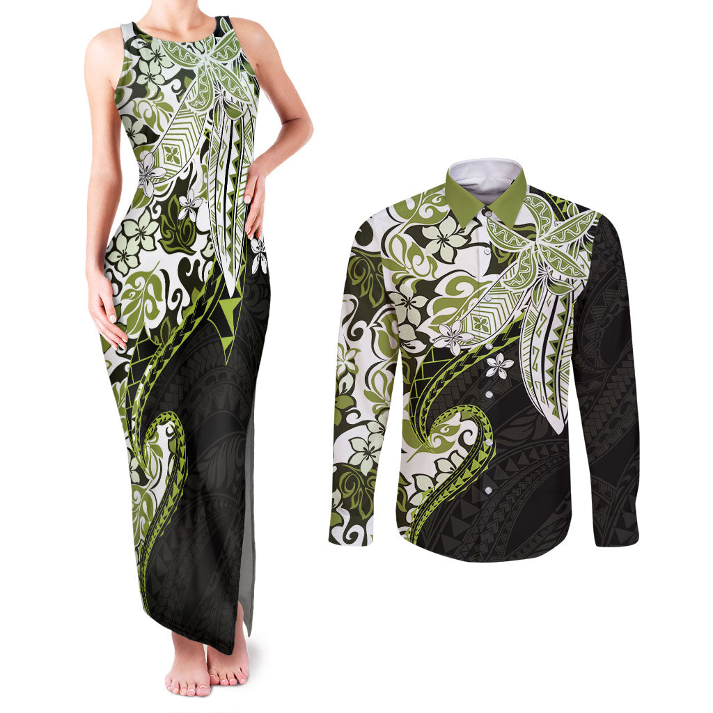 Monstera Plumeria Flowers Olive Green Couples Matching Tank Maxi Dress and Long Sleeve Button Shirt Polynesian Pattern
