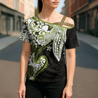 Monstera Plumeria Flowers Olive Green Cross Shoulder Shirt Polynesian Pattern
