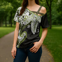 Monstera Plumeria Flowers Olive Green Cross Shoulder Shirt Polynesian Pattern