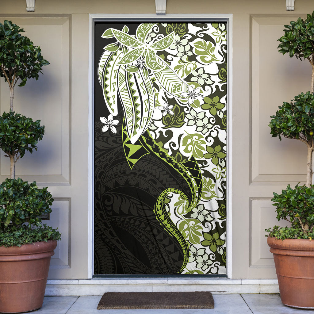 Monstera Plumeria Flowers Olive Green Door Cover Polynesian Pattern