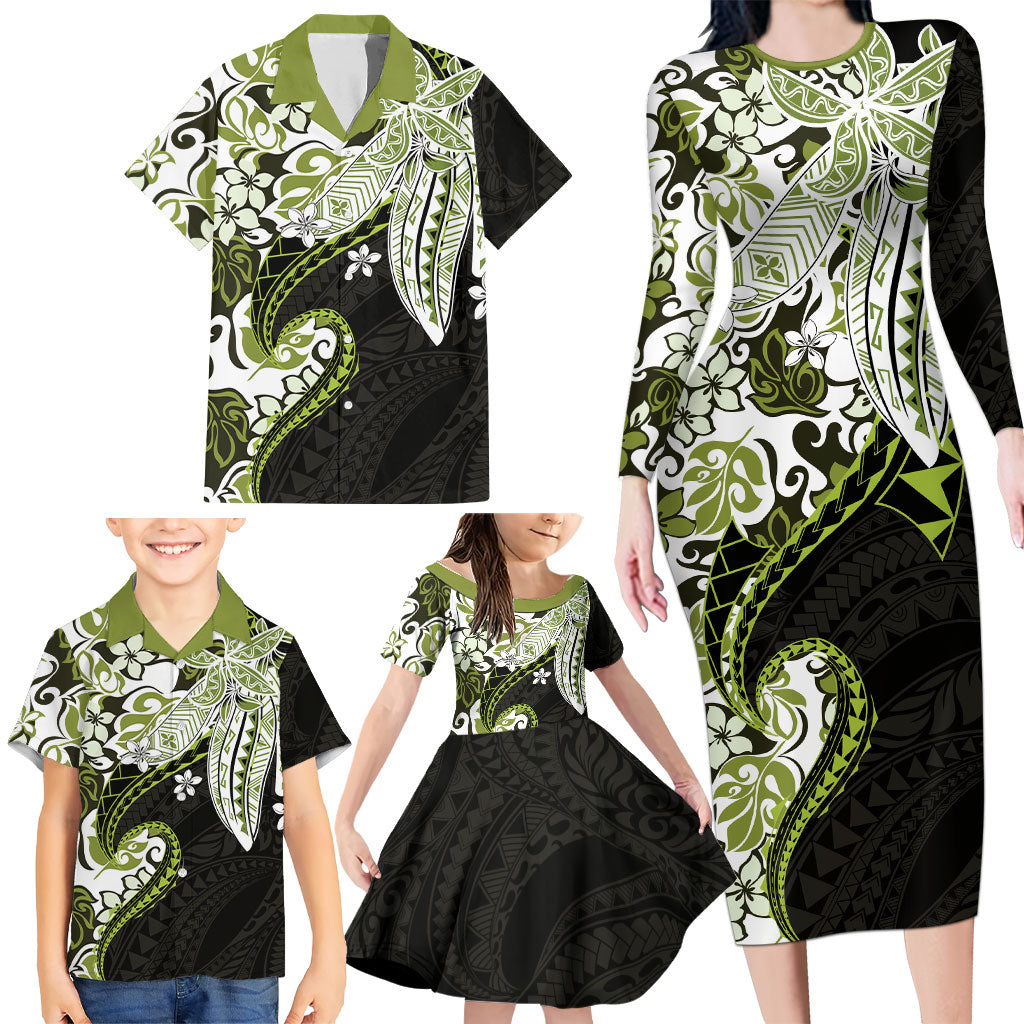 Monstera Plumeria Flowers Olive Green Family Matching Long Sleeve Bodycon Dress and Hawaiian Shirt Polynesian Pattern LT01 - Polynesian Pride