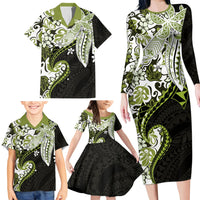 Monstera Plumeria Flowers Olive Green Family Matching Long Sleeve Bodycon Dress and Hawaiian Shirt Polynesian Pattern LT01 - Polynesian Pride