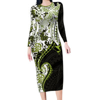 Monstera Plumeria Flowers Olive Green Family Matching Long Sleeve Bodycon Dress and Hawaiian Shirt Polynesian Pattern LT01 Mom's Dress Green - Polynesian Pride