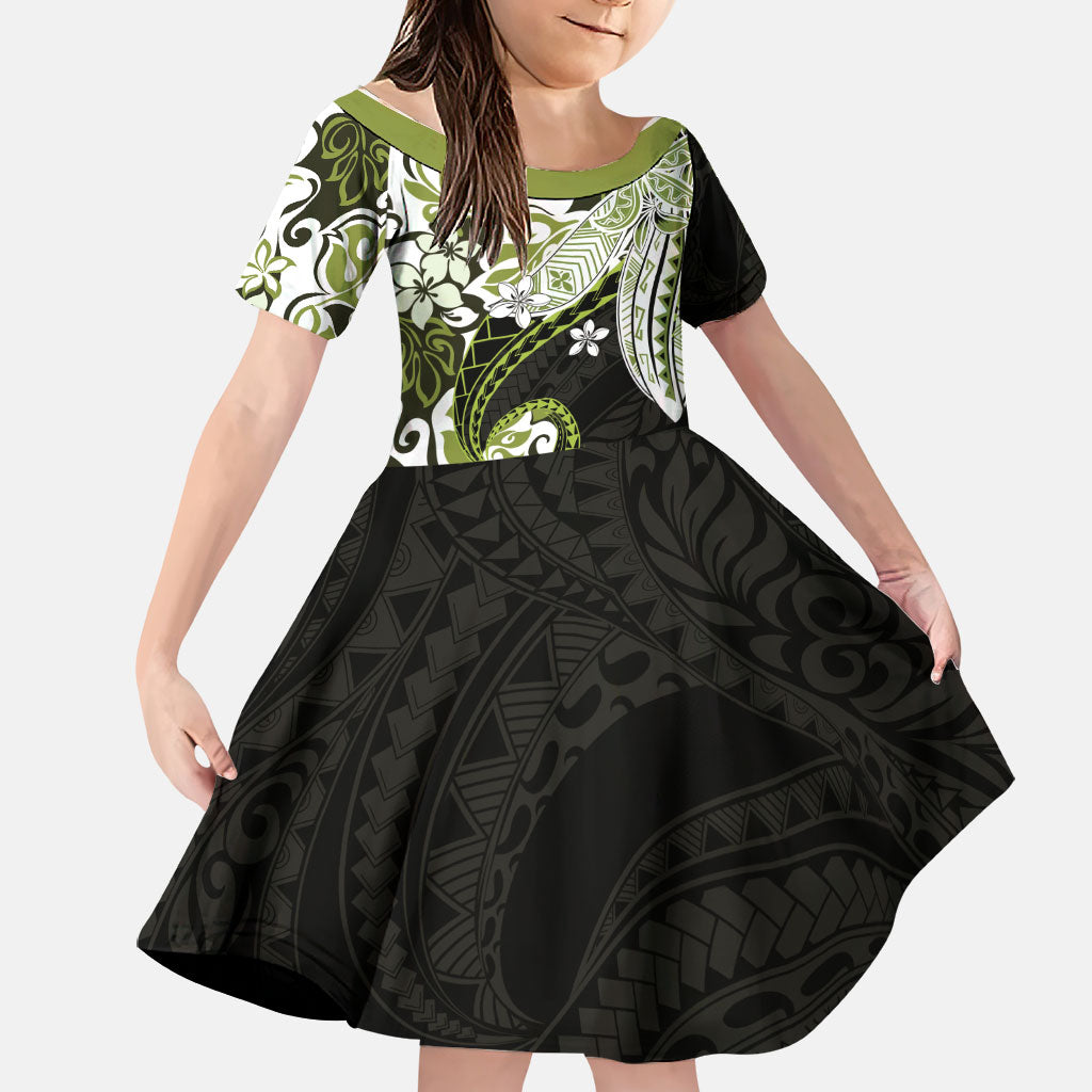 Monstera Plumeria Flowers Olive Green Family Matching Off The Shoulder Long Sleeve Dress and Hawaiian Shirt Polynesian Pattern LT01 Daughter's Dress Green - Polynesian Pride