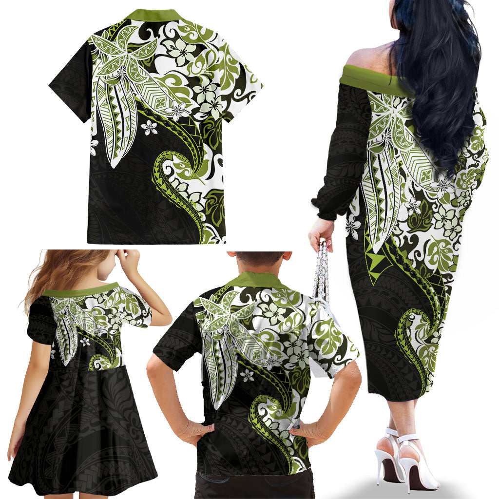 Monstera Plumeria Flowers Olive Green Family Matching Off The Shoulder Long Sleeve Dress and Hawaiian Shirt Polynesian Pattern LT01 - Polynesian Pride