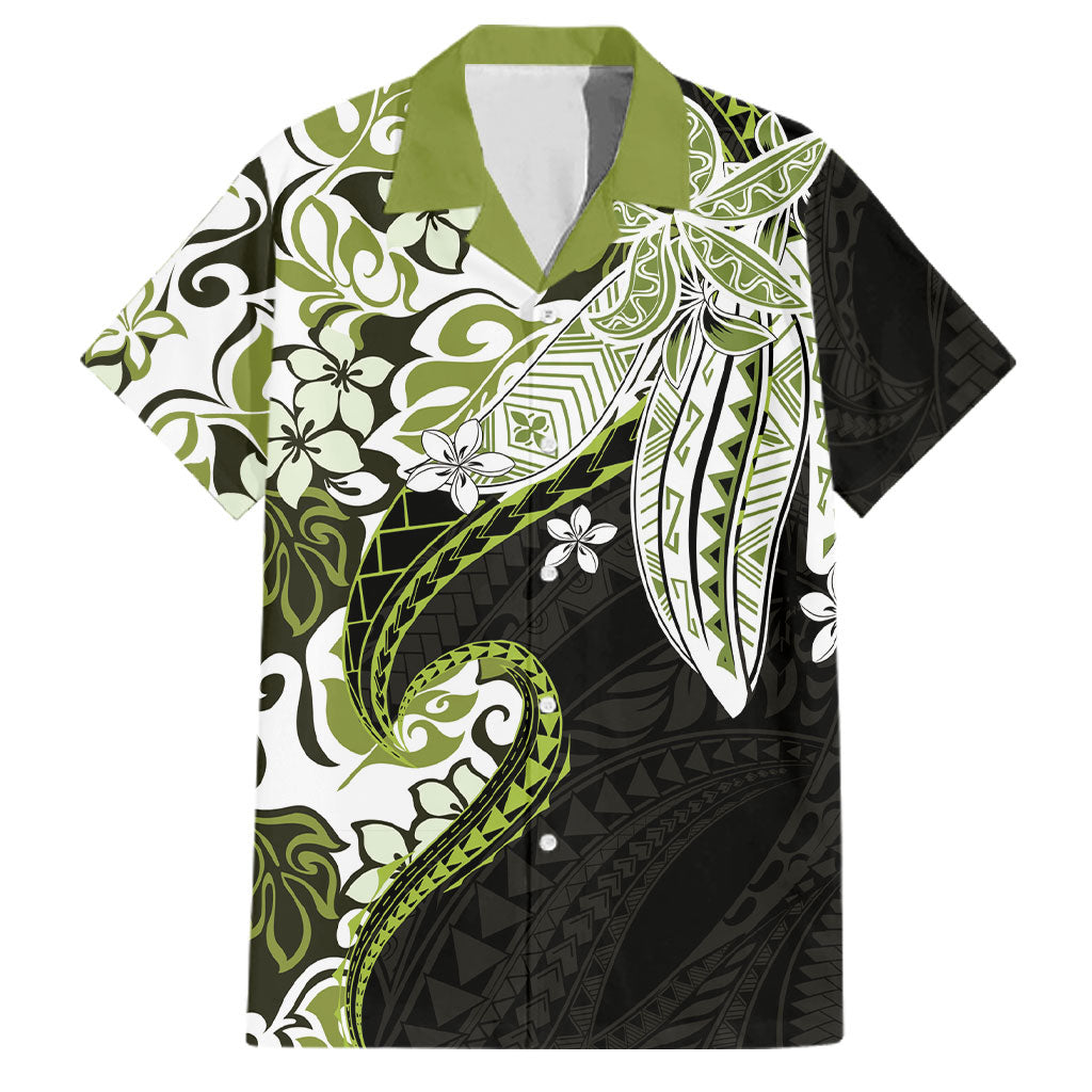 Monstera Plumeria Flowers Olive Green Family Matching Off The Shoulder Long Sleeve Dress and Hawaiian Shirt Polynesian Pattern LT01 Dad's Shirt - Short Sleeve Green - Polynesian Pride