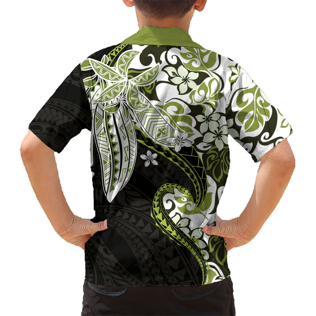 Monstera Plumeria Flowers Olive Green Family Matching Off Shoulder Short Dress and Hawaiian Shirt Polynesian Pattern