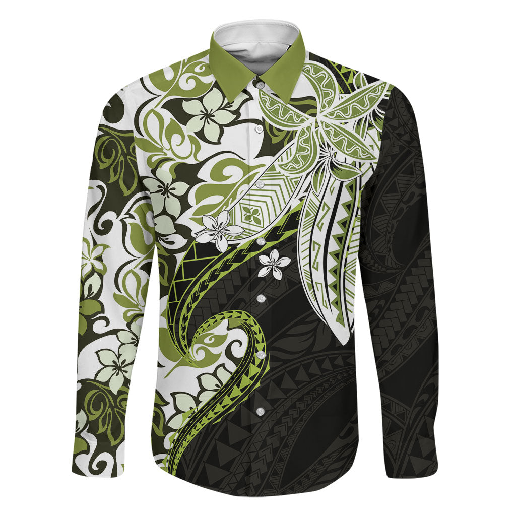 Monstera Plumeria Flowers Olive Green Family Matching Off Shoulder Short Dress and Hawaiian Shirt Polynesian Pattern