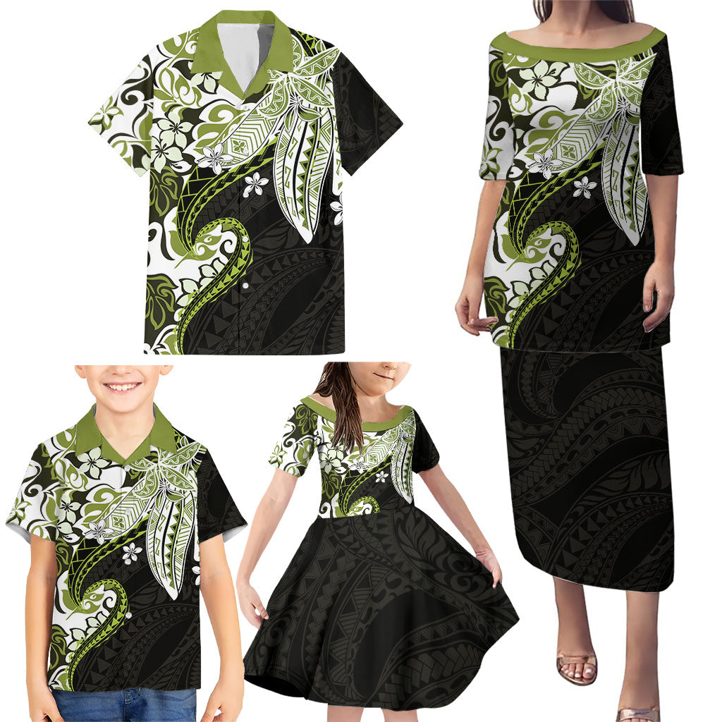 Monstera Plumeria Flowers Olive Green Family Matching Puletasi and Hawaiian Shirt Polynesian Pattern