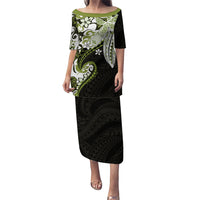 Monstera Plumeria Flowers Olive Green Family Matching Puletasi and Hawaiian Shirt Polynesian Pattern