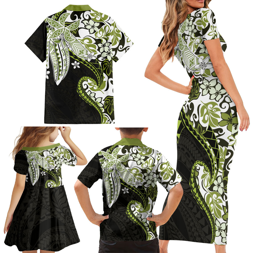 Monstera Plumeria Flowers Olive Green Family Matching Short Sleeve Bodycon Dress and Hawaiian Shirt Polynesian Pattern LT01 - Polynesian Pride