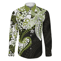 Monstera Plumeria Flowers Olive Green Family Matching Short Sleeve Bodycon Dress and Hawaiian Shirt Polynesian Pattern LT01 Dad's Shirt - Long Sleeve Green - Polynesian Pride