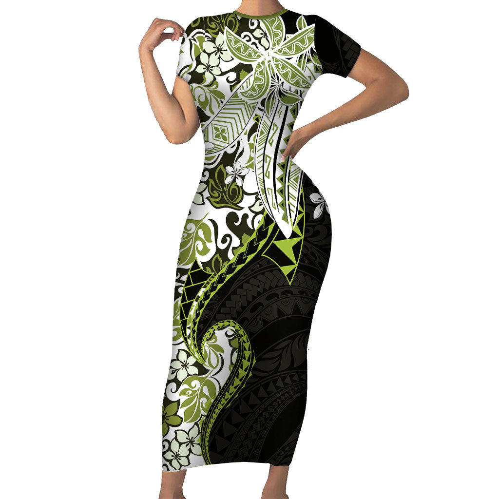 Monstera Plumeria Flowers Olive Green Family Matching Short Sleeve Bodycon Dress and Hawaiian Shirt Polynesian Pattern LT01 Mom's Dress Green - Polynesian Pride