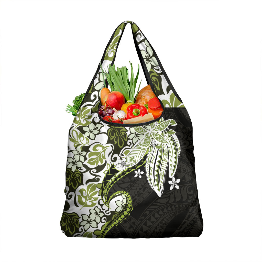 Monstera Plumeria Flowers Olive Green Grocery Bag Polynesian Pattern