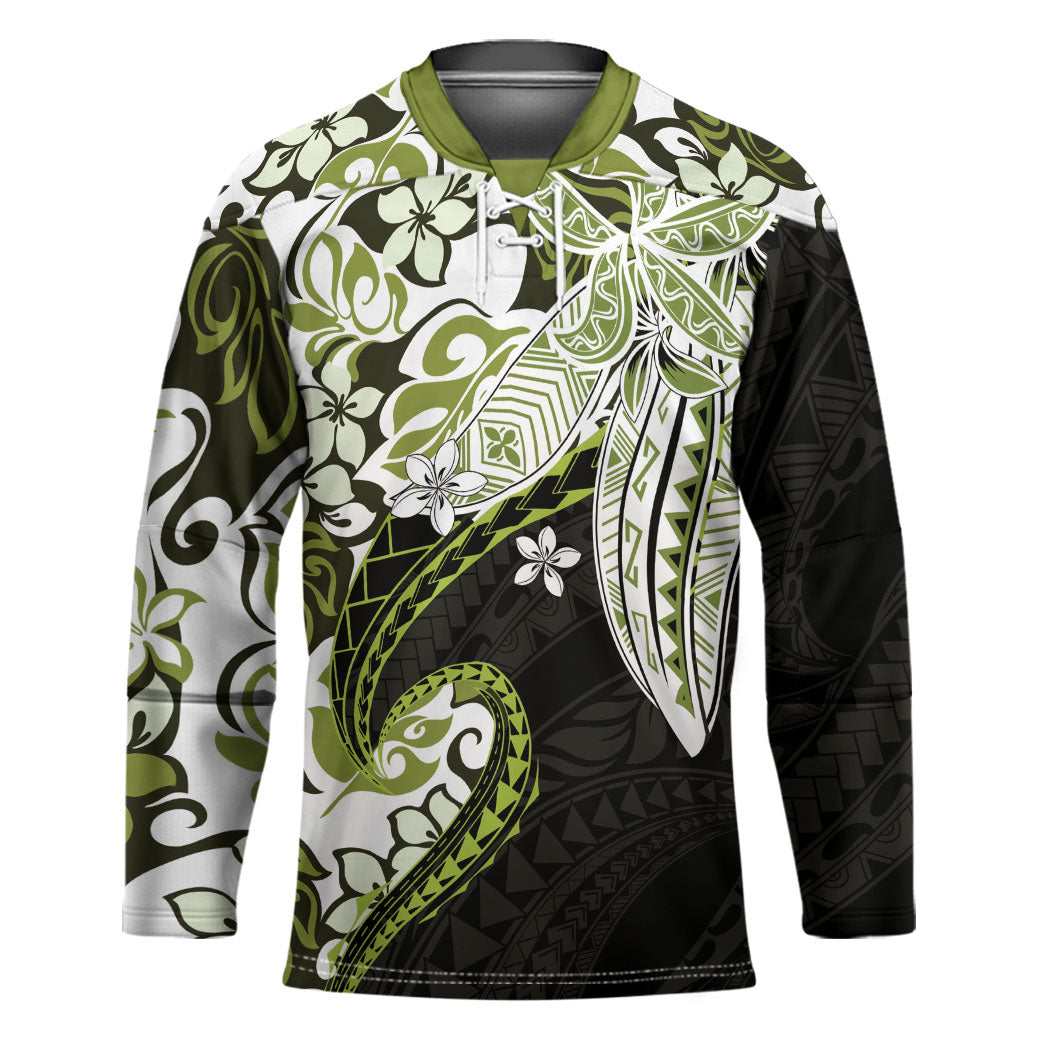 Monstera Plumeria Flowers Olive Green Hockey Jersey Polynesian Pattern