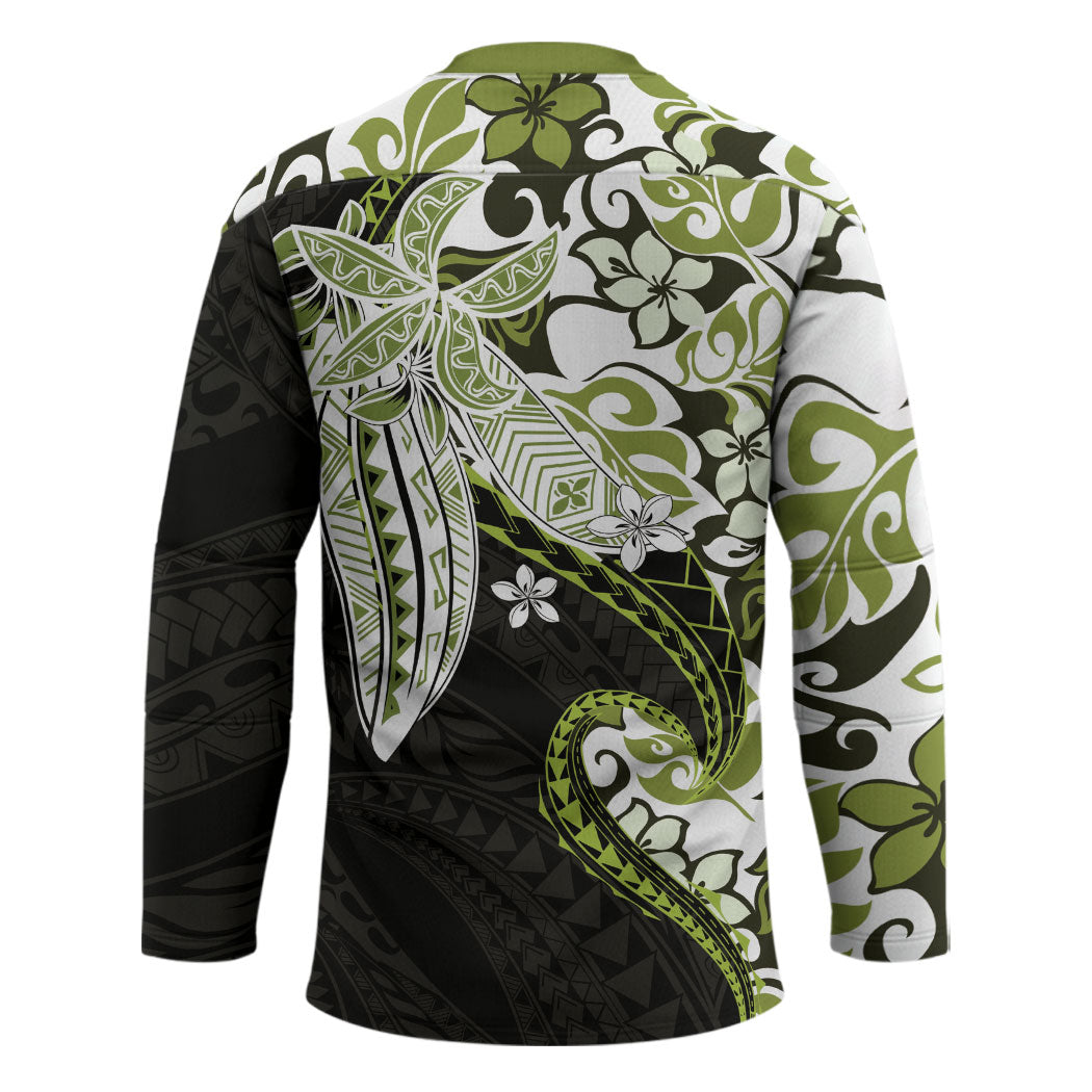 Monstera Plumeria Flowers Olive Green Hockey Jersey Polynesian Pattern