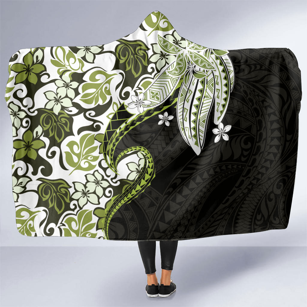 Monstera Plumeria Flowers Olive Green Hooded Blanket Polynesian Pattern