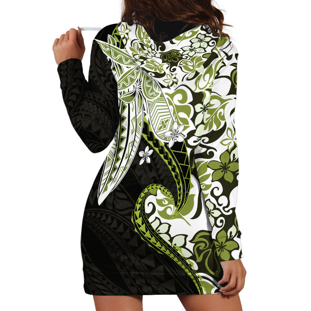 Monstera Plumeria Flowers Olive Green Hoodie Dress Polynesian Pattern